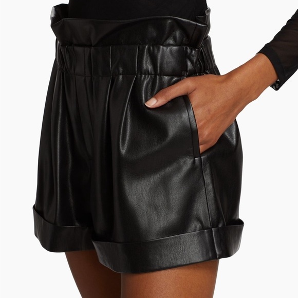Alice + Olivia Regan Vegan Leather Paperbag Black Shorts - Picture 3 of 15